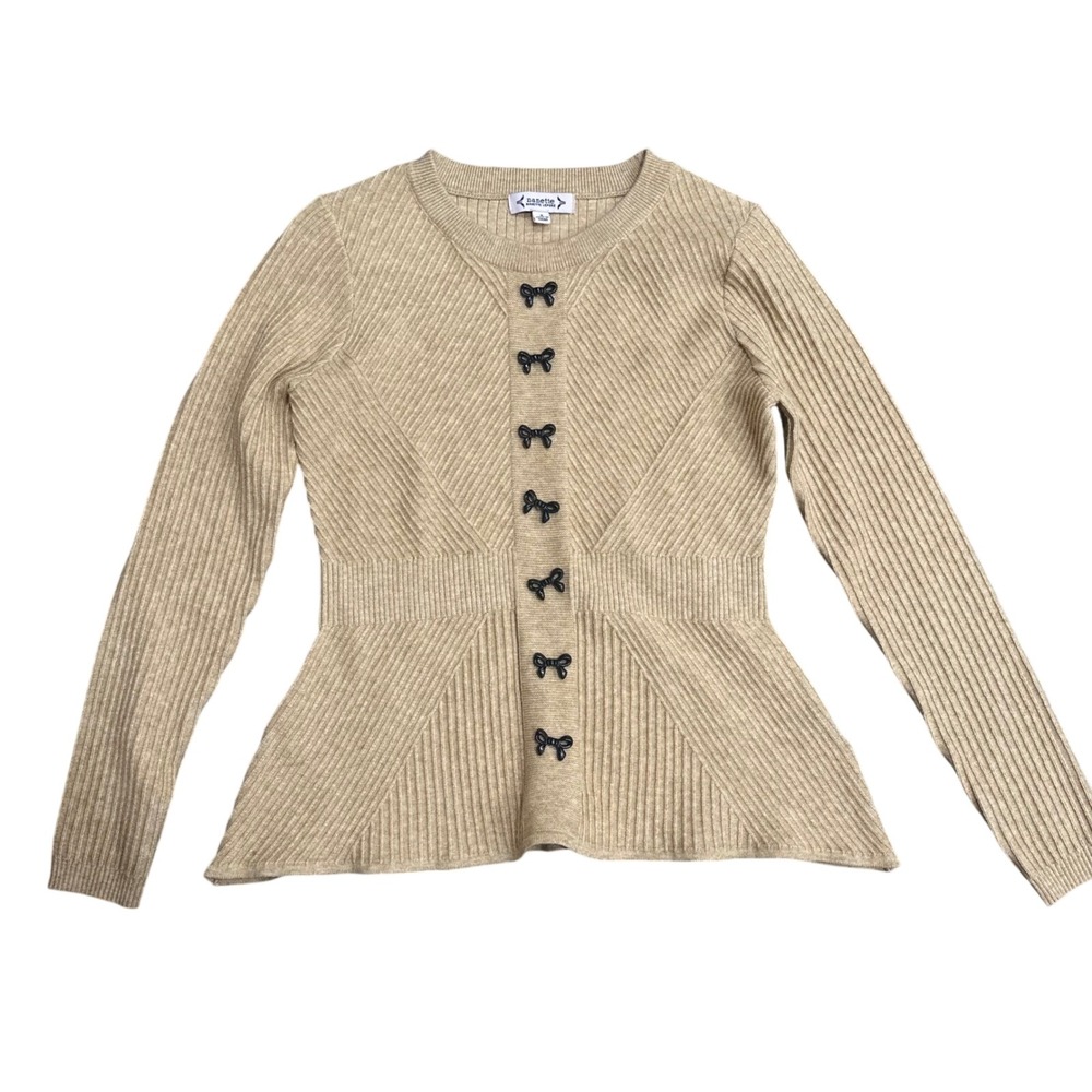 Nanette Lepore Tan Ribbed Peplum Sweater with Black Bow Accents Size S